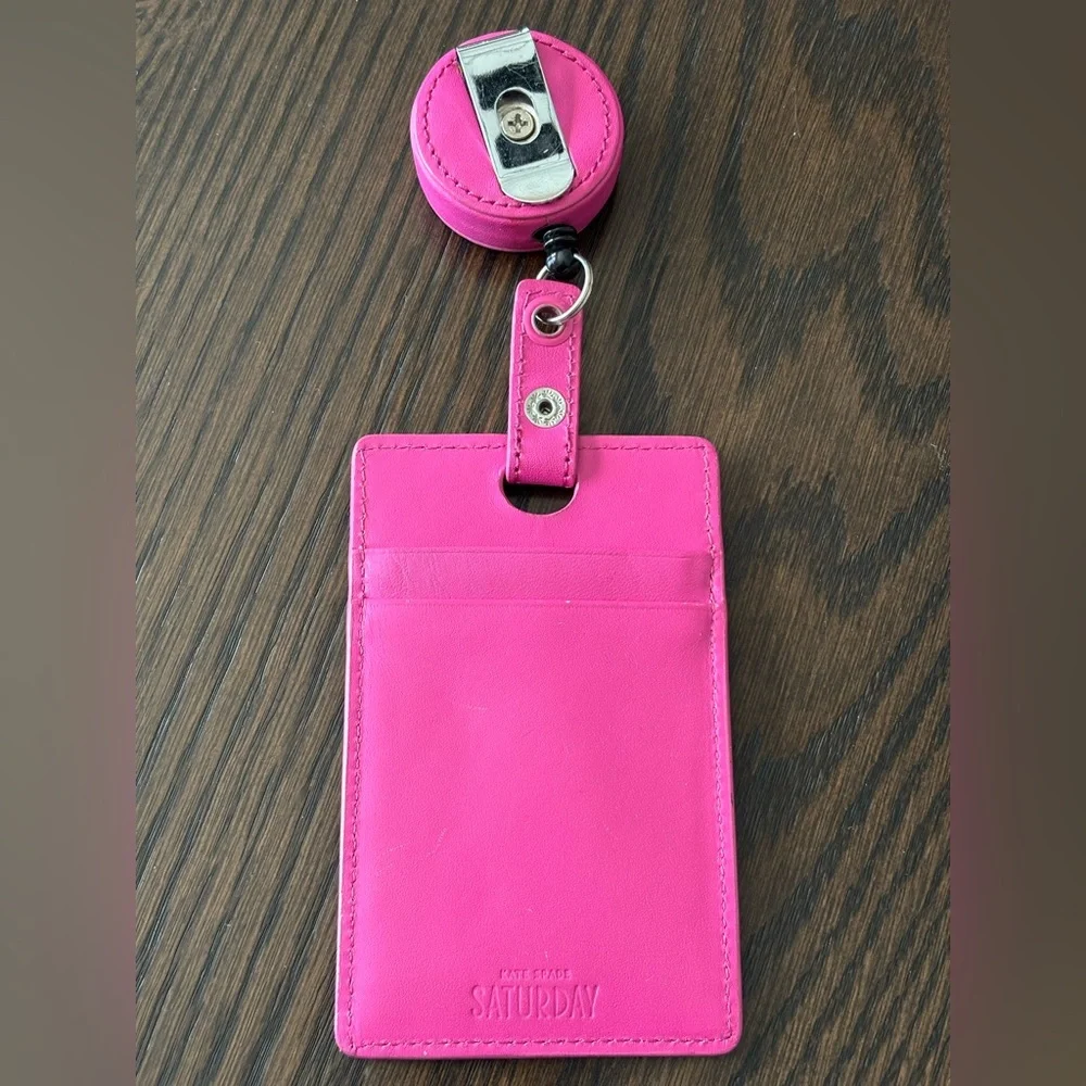 Kate Spade Hot Pink Badge ID Holder with Retractable Reel, 100% leather